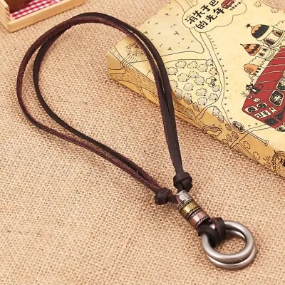 Retro Double Rings Pendant Men's Leather Long Necklace Surfer Beach Jewelry Gift • $2.16