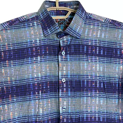 Luchiano Visconti Plaid Watercolor Contrast Cuffs Button Up Shirt Blue Medium • $50