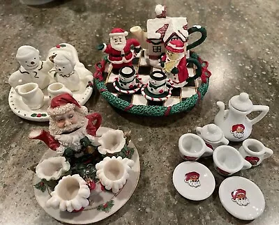 4 Mini Christmas Tea Sets Tea Pots Teacups Santa Snowman Resin And Porcelain • $50