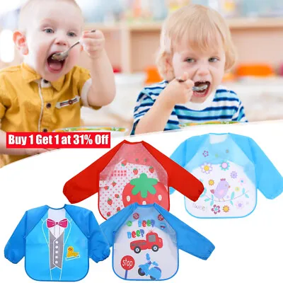 2X Baby Kids Bibs With Full Long Sleeve Baby Toddler Weaning Feeding Apron Smock • £4.41