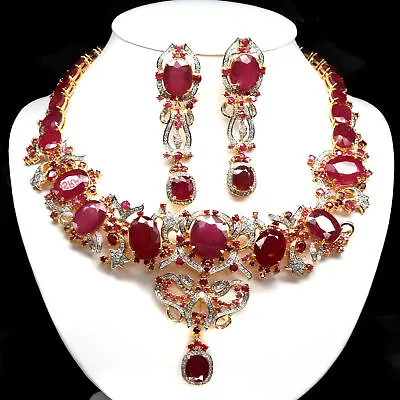 Jewelry Set Red  Ruby & Cambodia Zircon Earrings With Necklace 925 Silver • $4999