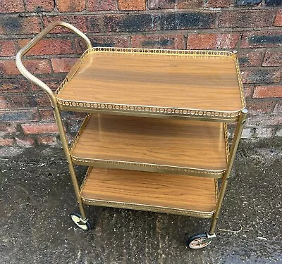 Vintage Retro Hostess Cocktail Drinks Tea Trolley Wood Effect Gold Trim 3 Tier • £65