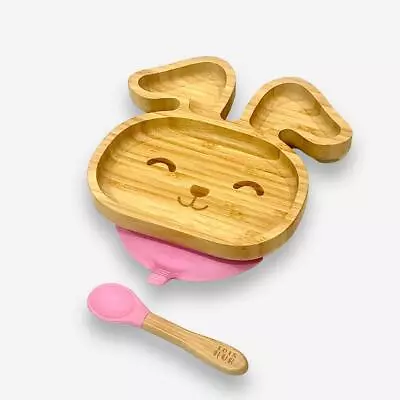 Bamboo Baby Feeding Plate With Suction & Spoon - Bunny  Pink Blue • £11.99