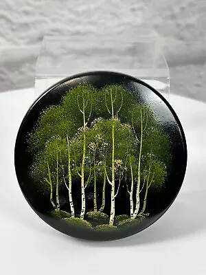 Palekh Russian Painted Trinket Box Trees Vintage Signed Lacquer USSR 3  Diameter • $27.99
