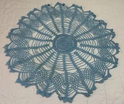 Vintage Round Doily Hand Crocheted Blue Flower Design Polyester • $7.50