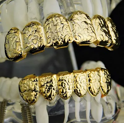 14k Gold Plated  Gold Nugget  Grillz Set Top & Bottom Teeth Hip Hop Mouth Grills • $24.95