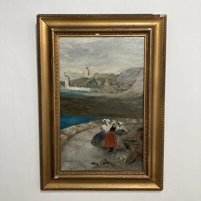 £39 • Buy Antique Victorian Seaside Women Coastal Sea Beach Naive Oil Painting On Board