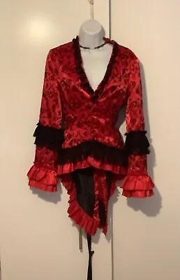 MERCY Red Black Brocade Goth Gothic Steampunk Jacket Tails Lace Corset S 8/10 • £20
