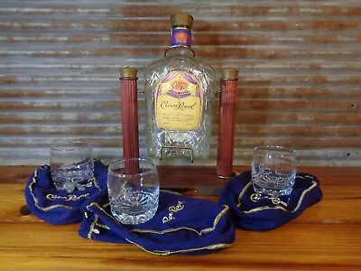 Vtg Crown Royal 1975 Whiskey Bottle Display Tilt Pour W-Etched Logo Glasses EUC! • $49.96