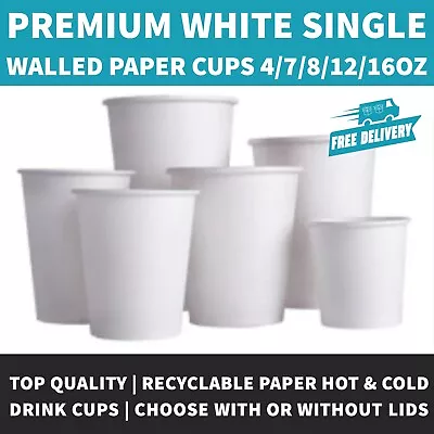 4oz/7oz/8oz/12oz/16oz White Paper Coffee Cup Disposable With Or Without Sip Lids • £7.95