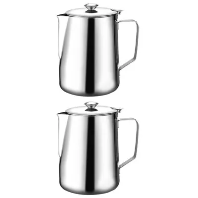  2 Pc Stainless Steel Cup Wear-resisatant Coffee Milk Frothing Jug With Lid • £24.25