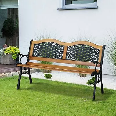 Outdoor Patio Garden Hardwood Slats Bench Furniture Cast Iron Frame Park Chair • $97.75