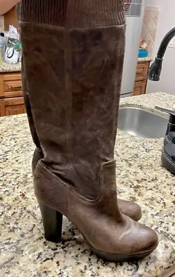 SALE Womens FRYE Mimi Scrunch Boots Distressed Brown Leather SZ 9 Tall Heel CUTE • $42