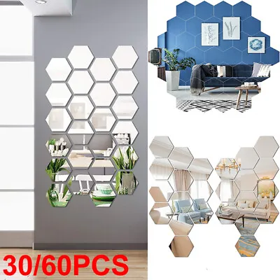 £4.99 • Buy 60X 3D Hexagon Mirror Tiles Wall Stickers Self Adhesive Stick On Art Home Decor
