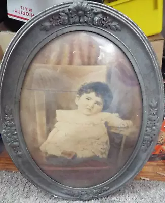 Antique Child Girl Portrait Wood Frame Oval Convex Bubble Glass 23  • $30