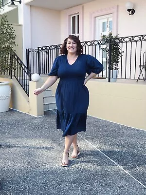 $12 • Buy Navy Plus Size Midi Dress With Blouse Sleeves And Stretchy Shirred Bust