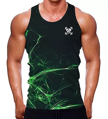 Shredded Neon Green Tank Vest Men Gym Wear Workout Clothing Muscle Fitted SC5 • £16.87