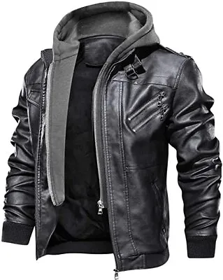 Vintage Bomber Hoodie With Removable Hood Men's Motorcycle Leather Jacket • $95.99