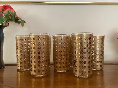 6 Vtg Culver Canella Gold Mid Century MCM Tumblers Glasses Highball Retro 22KT • $129