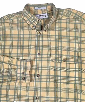 Orvis Button Down Roll Up Sleeve Shirt Sz L ~Cotton Antique Yellow Green Plaid • $20