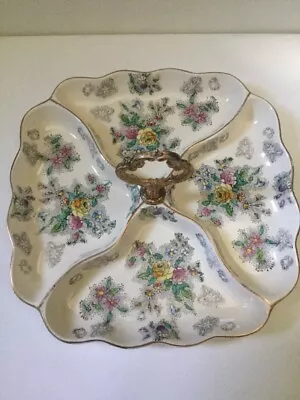 Vintage Ceramic Divided Dish Handpainted Made In Japan Metal Handle Roses • $19.50