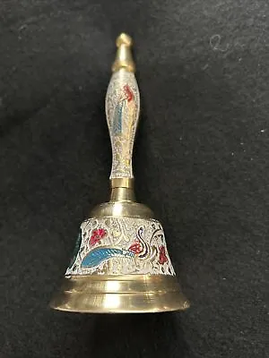 Vintage Brass Hand Altar Bell Enamel Work Peacocks (Box A3) • $20