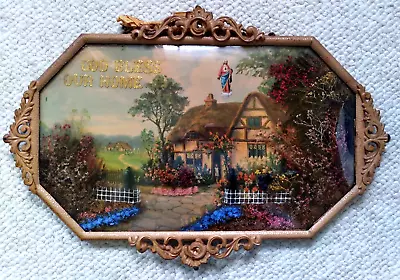 Vtg. Diorama Convex Bubble Glass Framed  God Bless Our Home  Wall Art Christian • $69.95