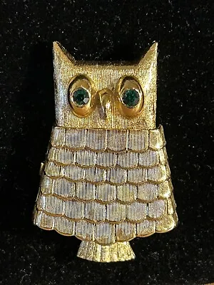 Vintage  Avon  Owl Perfume Pin Gold Tone W/green Rhinestone Eyes 2 1/4 X 1  1/2 • $4.99