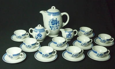 £50 • Buy Beautiful Antique French Coffee Set For 10  Luneville EVIAN Porcelain Blue White