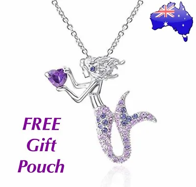 Crystal Mermaid Love Heart Pendant 925 Sterling Silver Chain Necklace Women Gift • $11.50