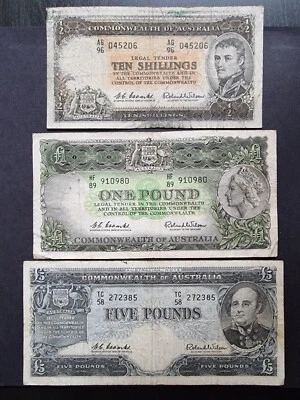 $195 • Buy Predecimal 1960 - 1961 Banknotes Set 10 Shillings & £1, 5 Pounds Coombs/Wilson
