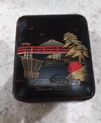Black Trinket Box With Lid Hand Painted Gold And Red  With Abalone Inserts • $6.95