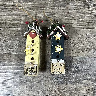 2 Mini Wooden Folk Art Birdhouses W/Signs Christmas Ornaments Country Farmhouse • $8.79