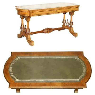 Antique Ornately Carved Burr & Burl Walnut Green Leather Coffee Cocktail Table • $2302.42