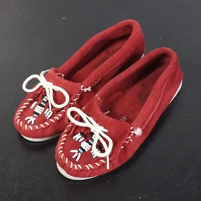Minnetonka Womens 5 Red Thunderbird Beaded Leather Fringe Slip-On Moccasin Shoes • $15
