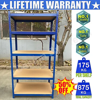 5 Tier Blue Boltless Metal Deep Wide Garage Shelves Shelving Racking Storage Top • £22.20