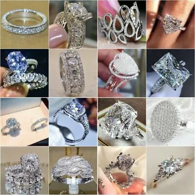 £2.99 • Buy Luxury 925 Silver Jewelry Women Wedding Rings White Sapphire Fine Ring Size 5-12