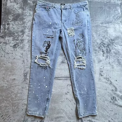 Boohoo Man Jeans Mens 42 Denim Distressed Street Wear Graphic Print Paint Bleach • $9.75