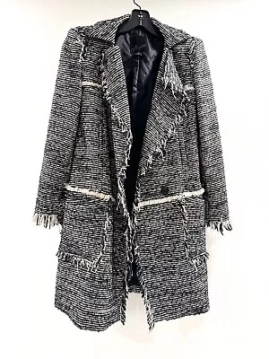 MCGINN Coat Jacket Womens 2 Black Boucle Tweed Fringe Dressy Double Breasted • $99