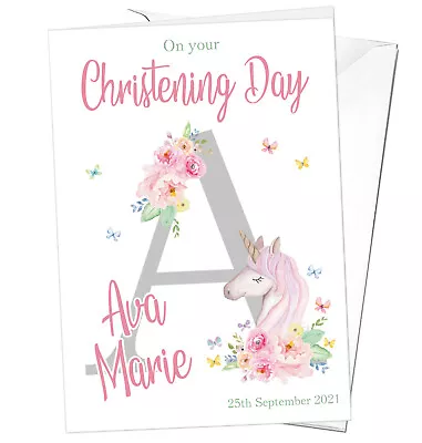 PERSONALISED Unicorn Christening Card Girl Child Pink Cute Naming Day Baptism • £3.60