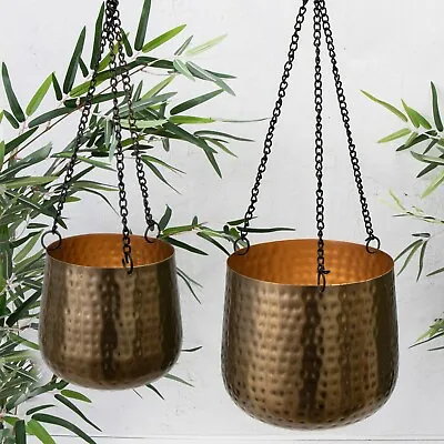 Gold Metalic Metal Hammered Hanging Flower Basket Pot Planter Indoor / Garden  • £16.95