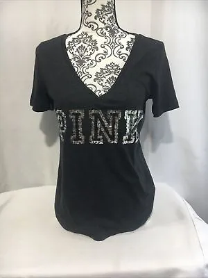 Pink Victorias Secret Women Graphic Sequins T Shirt Short Sleeve Dark Gray Sz XS • $19.99