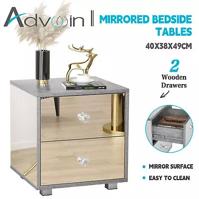 Advwin Mirrored Bedside Table 2 Drawers Side Table Nightstand Storage Cabinet • $81.99
