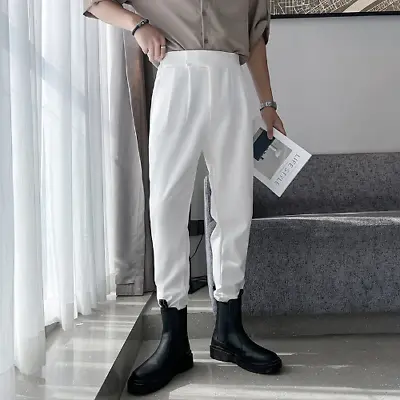 Mens Pants Pleated Trousers Ankle Length Elastic Waist Tapered Casual Suit Pant • $49.87