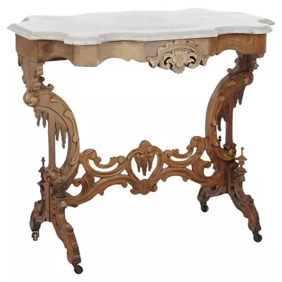 Antique Rococo-Gothic Carved Walnut Marble Top Parlor Table Circa 1880 • $960