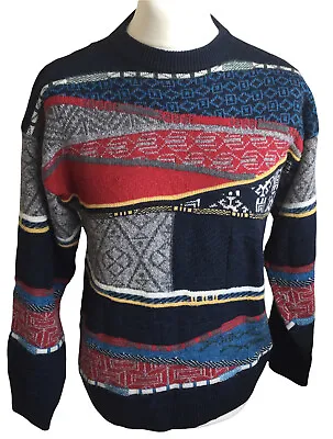 Vintage 90's 3D Cosby Jumper Men's S Wool Blend Multicoloured Geometric Pattern • £15