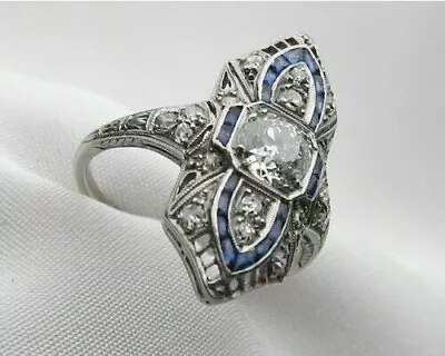 Vintage Art Deco Style 2Ct Lab Created Diamond & Sapphire Wedding Silver Ring • $79.10