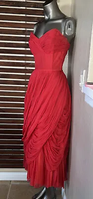 1950s 50s Vintage Red Tulle Strapless Gathered Tie Waist Dress Gown W/ Boning • $200