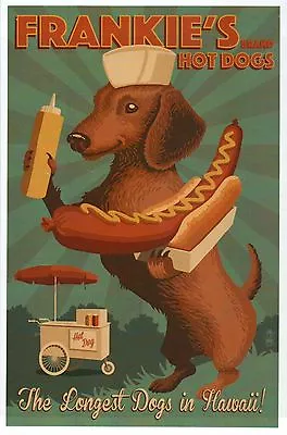 Frankie's Hot Dogs In Hawaii Dachshund & Hot Dog Cart -- Modern Animal Postcard • $2.99