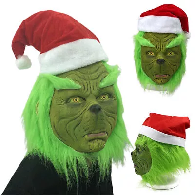The Grinch's Full Head Latex Mask Xmas Hat Green Monster Adult Costumes Cosplay • $22.51